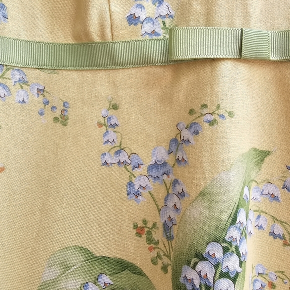 Lily Of The Vally Floral Print Yellow Dress, Green Ribbon At Waist, Size Small P - Picture 5 of 13
